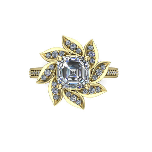 Aurelia square emerald floral halo engagement ring in 18K Yellow Gold, top-down view showing the floral petal halo blooming around the center from above