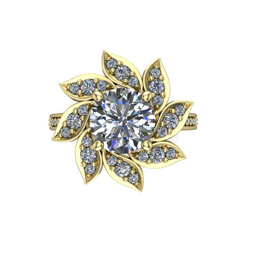 Aurelia round floral halo engagement ring in 18K Yellow Gold, top-down view showing the floral petal halo blooming around the center from above