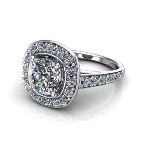 Gia cushion double halo engagement ring in 18K White Gold, three-quarter perspective showing the center wrapped in a double pav&eacute; halo above a pav&eacute; band