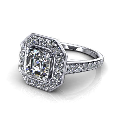 Gia square emerald double halo engagement ring in 18K White Gold, three-quarter perspective showing the center wrapped in a double pav&eacute; halo above a pav&eacute; band