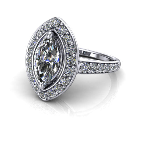 Gia marquise double halo engagement ring in 18K White Gold, three-quarter perspective showing the center wrapped in a double pav&eacute; halo above a pav&eacute; band