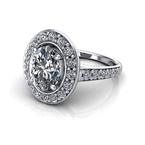 Gia oval double halo engagement ring in 14K White Gold, three-quarter perspective showing the center wrapped in a double pav&eacute; halo above a pav&eacute; band