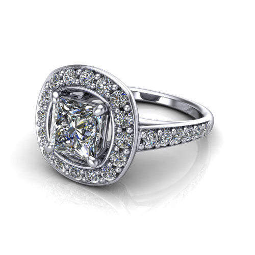 Gia princess double halo engagement ring in 14K White Gold, three-quarter perspective showing the center wrapped in a double pav&eacute; halo above a pav&eacute; band