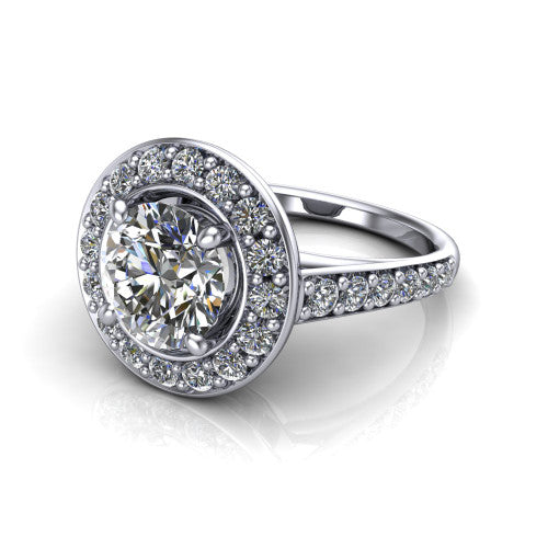 Gia round double halo engagement ring in Platinum, three-quarter perspective showing the center wrapped in a double pav&eacute; halo above a pav&eacute; band