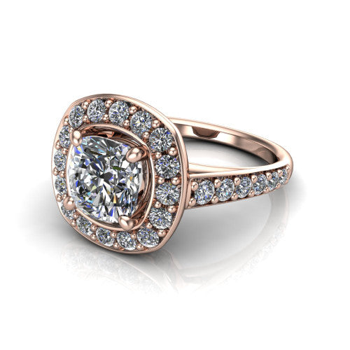 Gia cushion double halo engagement ring in 14K Rose Gold, three-quarter perspective showing the center wrapped in a double pav&eacute; halo above a pav&eacute; band