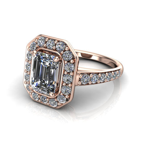 Gia emerald double halo engagement ring in 14K Rose Gold, three-quarter perspective showing the center wrapped in a double pav&eacute; halo above a pav&eacute; band