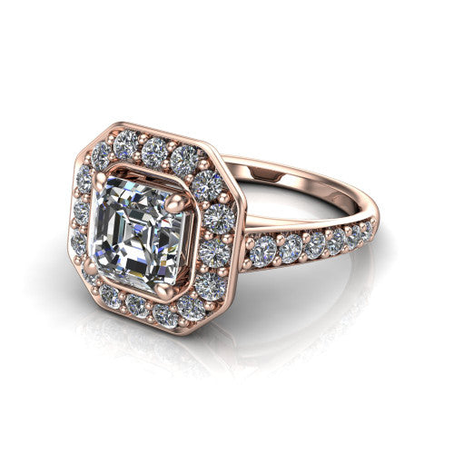 Gia square emerald double halo engagement ring in 18K Rose Gold, three-quarter perspective showing the center wrapped in a double pav&eacute; halo above a pav&eacute; band