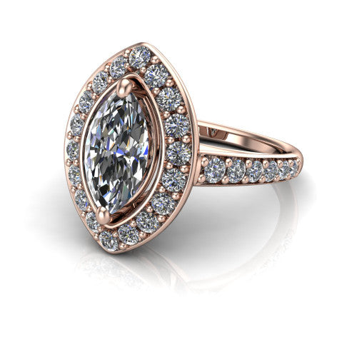 Gia marquise double halo engagement ring in 18K Rose Gold, three-quarter perspective showing the center wrapped in a double pav&eacute; halo above a pav&eacute; band
