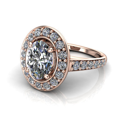 Gia oval double halo engagement ring in 14K Rose Gold, three-quarter perspective showing the center wrapped in a double pav&eacute; halo above a pav&eacute; band