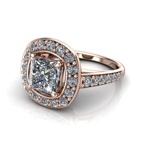 Gia princess double halo engagement ring in 18K Rose Gold, three-quarter perspective showing the center wrapped in a double pav&eacute; halo above a pav&eacute; band