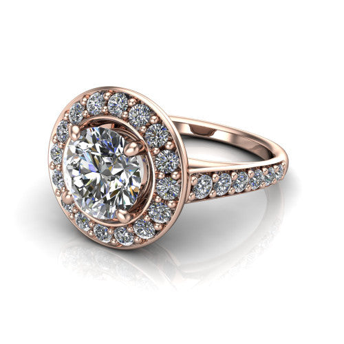 Gia round double halo engagement ring in 14K Rose Gold, three-quarter perspective showing the center wrapped in a double pav&eacute; halo above a pav&eacute; band