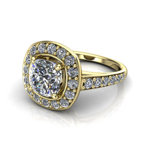 Gia cushion double halo engagement ring in 18K Yellow Gold, three-quarter perspective showing the center wrapped in a double pav&eacute; halo above a pav&eacute; band