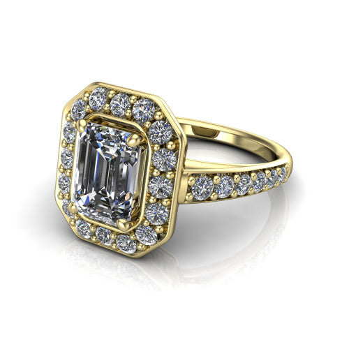 Gia emerald double halo engagement ring in 18K Yellow Gold, three-quarter perspective showing the center wrapped in a double pav&eacute; halo above a pav&eacute; band