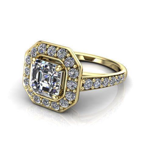 Gia square emerald double halo engagement ring in 18K Yellow Gold, three-quarter perspective showing the center wrapped in a double pav&eacute; halo above a pav&eacute; band