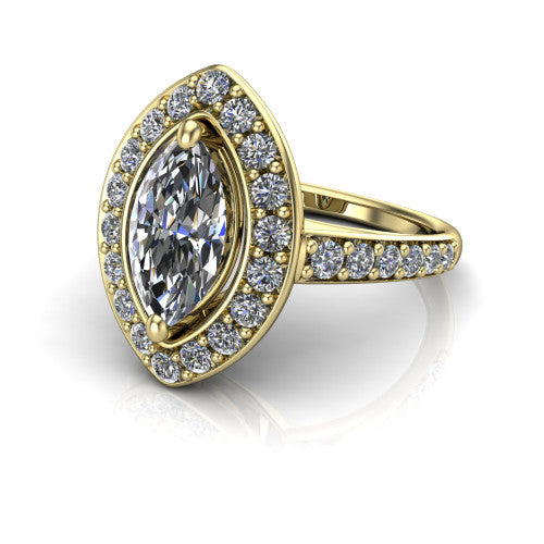 Gia marquise double halo engagement ring in 14K Yellow Gold, three-quarter perspective showing the center wrapped in a double pav&eacute; halo above a pav&eacute; band