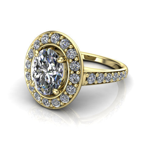 Gia oval double halo engagement ring in 14K Yellow Gold, three-quarter perspective showing the center wrapped in a double pav&eacute; halo above a pav&eacute; band
