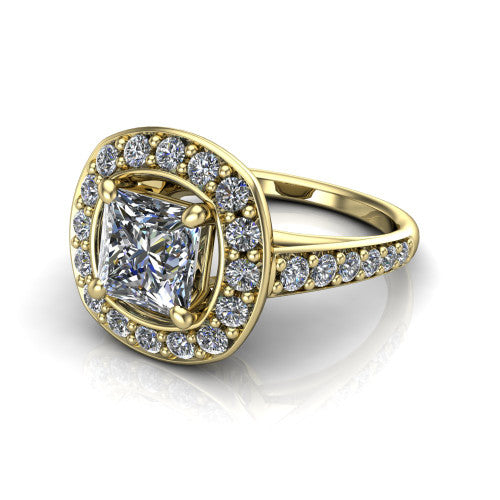Gia princess double halo engagement ring in 18K Yellow Gold, three-quarter perspective showing the center wrapped in a double pav&eacute; halo above a pav&eacute; band
