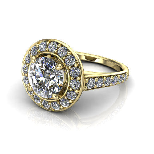 Gia round double halo engagement ring in 14K Yellow Gold, three-quarter perspective showing the center wrapped in a double pav&eacute; halo above a pav&eacute; band