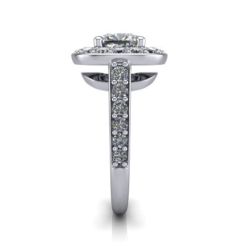 Gia cushion double halo engagement ring in Platinum, side profile showing the pav&eacute; running down the band and the open gallery in profile