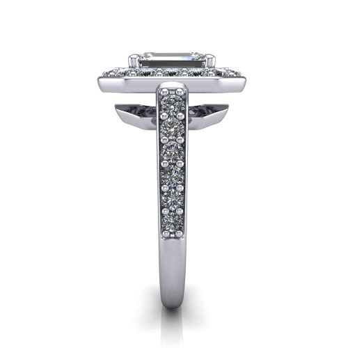 Gia emerald double halo engagement ring in 18K White Gold, side profile showing the pav&eacute; running down the band and the open gallery in profile