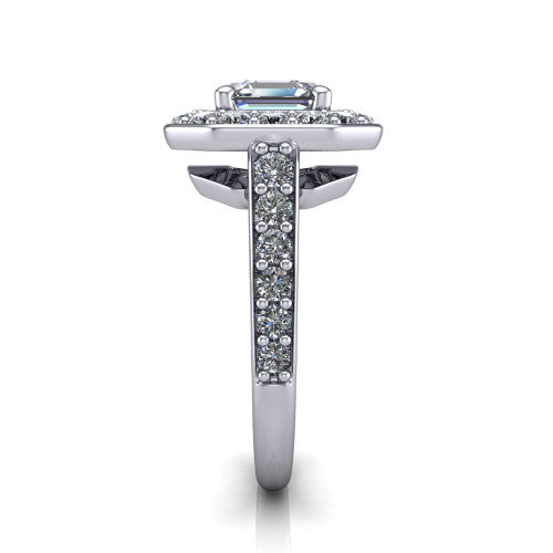 Gia square emerald double halo engagement ring in Platinum, side profile showing the pav&eacute; running down the band and the open gallery in profile