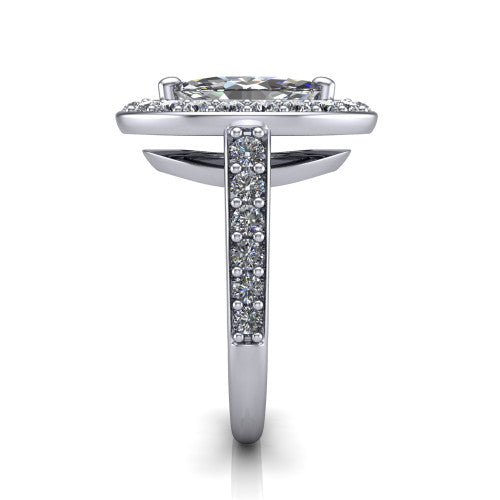 Gia marquise double halo engagement ring in Platinum, side profile showing the pav&eacute; running down the band and the open gallery in profile