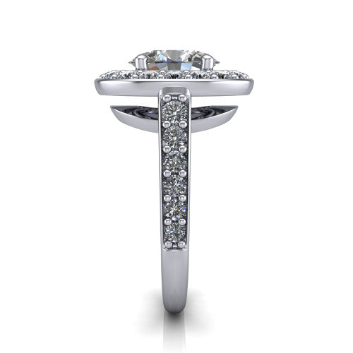 Gia oval double halo engagement ring in 18K White Gold, side profile showing the pav&eacute; running down the band and the open gallery in profile