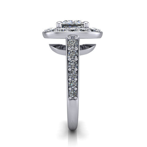 Gia princess double halo engagement ring in 14K White Gold, side profile showing the pav&eacute; running down the band and the open gallery in profile