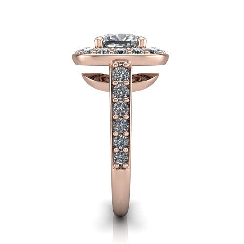Gia cushion double halo engagement ring in 14K Rose Gold, side profile showing the pav&eacute; running down the band and the open gallery in profile
