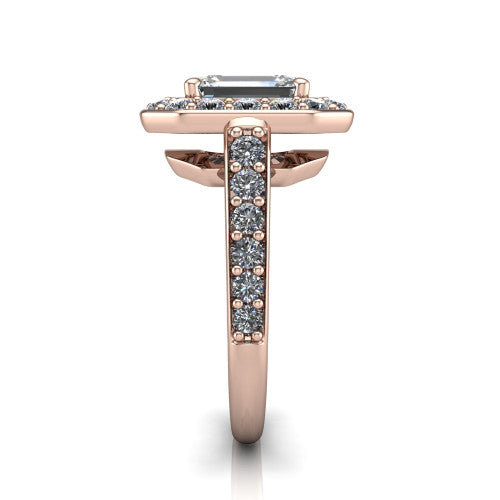 Gia emerald double halo engagement ring in 18K Rose Gold, side profile showing the pav&eacute; running down the band and the open gallery in profile