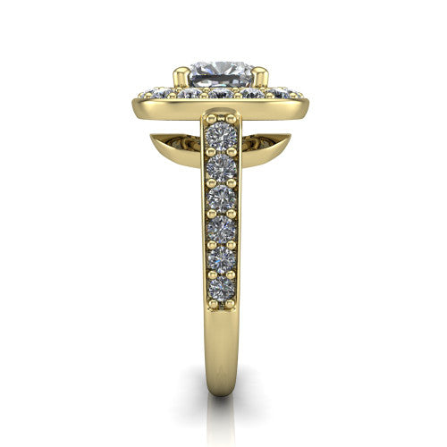 Gia cushion double halo engagement ring in 14K Yellow Gold, side profile showing the pav&eacute; running down the band and the open gallery in profile