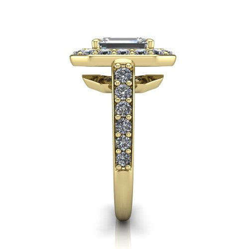 Gia emerald double halo engagement ring in 18K Yellow Gold, side profile showing the pav&eacute; running down the band and the open gallery in profile