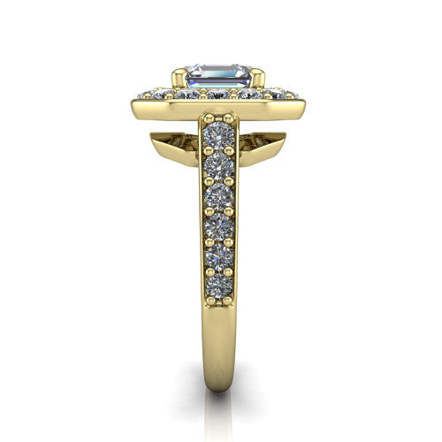 Gia square emerald double halo engagement ring in 14K Yellow Gold, side profile showing the pav&eacute; running down the band and the open gallery in profile