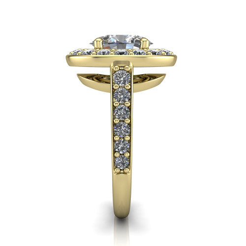 Gia oval double halo engagement ring in 14K Yellow Gold, side profile showing the pav&eacute; running down the band and the open gallery in profile