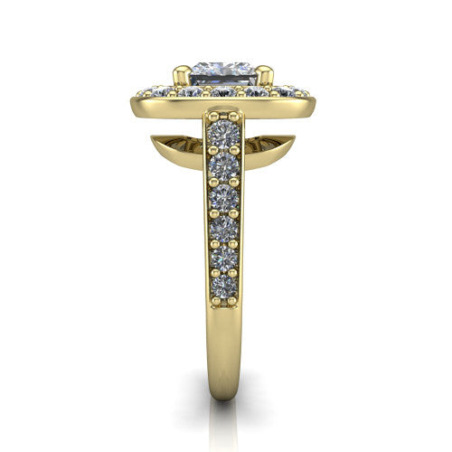 Gia princess double halo engagement ring in 14K Yellow Gold, side profile showing the pav&eacute; running down the band and the open gallery in profile