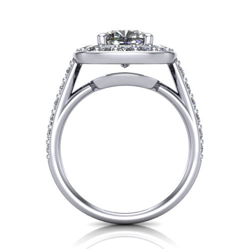 Gia cushion double halo engagement ring in 18K White Gold, through-finger front profile showing the double-halo head raised above the open under-gallery and pav&eacute; band