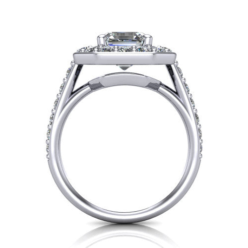 Gia square emerald double halo engagement ring in 14K White Gold, through-finger front profile showing the double-halo head raised above the open under-gallery and pav&eacute; band
