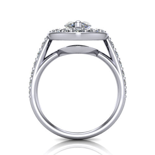 Gia marquise double halo engagement ring in Platinum, through-finger front profile showing the double-halo head raised above the open under-gallery and pav&eacute; band