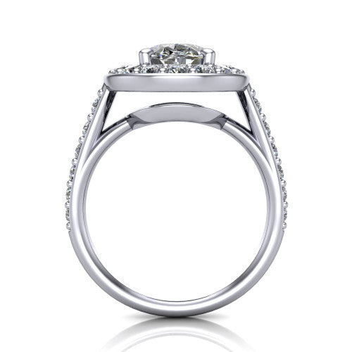 Gia oval double halo engagement ring in 14K White Gold, through-finger front profile showing the double-halo head raised above the open under-gallery and pav&eacute; band