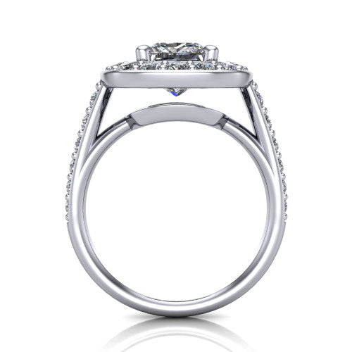 Gia princess double halo engagement ring in 14K White Gold, through-finger front profile showing the double-halo head raised above the open under-gallery and pav&eacute; band