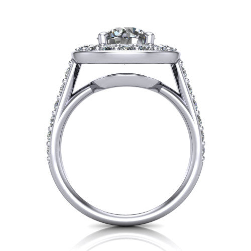 Gia round double halo engagement ring in 14K White Gold, through-finger front profile showing the double-halo head raised above the open under-gallery and pav&eacute; band