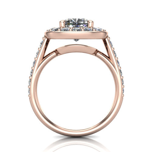 Gia cushion double halo engagement ring in 14K Rose Gold, through-finger front profile showing the double-halo head raised above the open under-gallery and pav&eacute; band