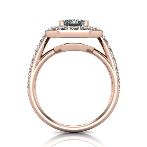 Gia emerald double halo engagement ring in 14K Rose Gold, through-finger front profile showing the double-halo head raised above the open under-gallery and pav&eacute; band