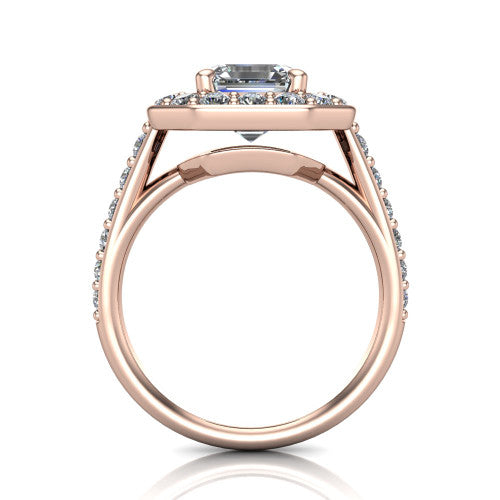 Gia square emerald double halo engagement ring in 18K Rose Gold, through-finger front profile showing the double-halo head raised above the open under-gallery and pav&eacute; band
