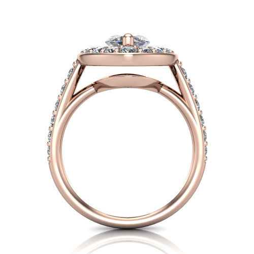 Gia marquise double halo engagement ring in 14K Rose Gold, through-finger front profile showing the double-halo head raised above the open under-gallery and pav&eacute; band