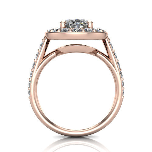 Gia oval double halo engagement ring in 18K Rose Gold, through-finger front profile showing the double-halo head raised above the open under-gallery and pav&eacute; band