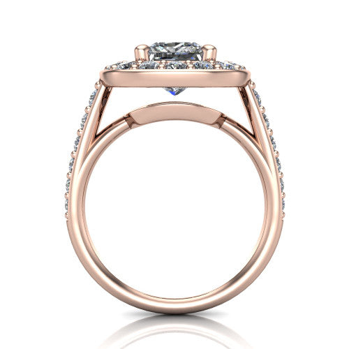 Gia princess double halo engagement ring in 18K Rose Gold, through-finger front profile showing the double-halo head raised above the open under-gallery and pav&eacute; band