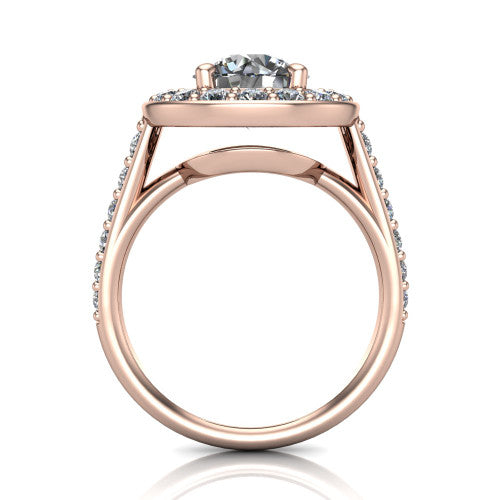 Gia round double halo engagement ring in 14K Rose Gold, through-finger front profile showing the double-halo head raised above the open under-gallery and pav&eacute; band