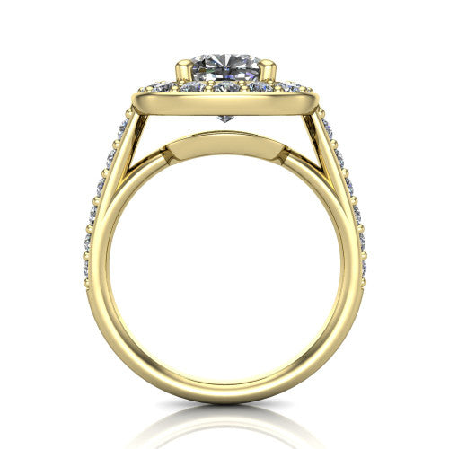 Gia cushion double halo engagement ring in 14K Yellow Gold, through-finger front profile showing the double-halo head raised above the open under-gallery and pav&eacute; band