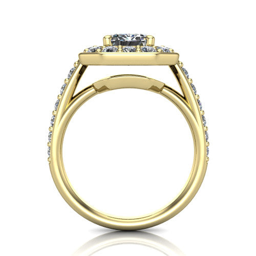 Gia emerald double halo engagement ring in 14K Yellow Gold, through-finger front profile showing the double-halo head raised above the open under-gallery and pav&eacute; band